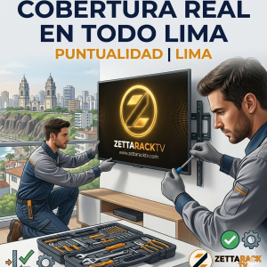 Primer plano fotorrealista de técnicos de ZettaRackTV uniformados, uno guiando la instalación de un TV en un rack articulado sobre drywall, con el skyline de Lima de fondo, en formato compacto vertical.