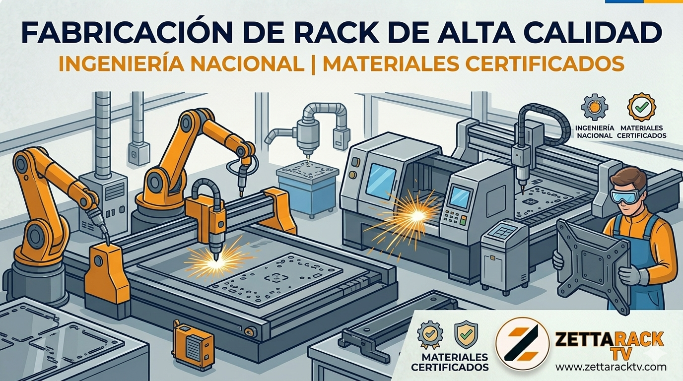 Ilustración industrial vector art de un operario con gafas de seguridad monitoreando una máquina CNC y brazos de soldadura automáticos que fabrican placas de metal gruesas y racks articulados de metal de alta resistencia en una fábrica de ZettaRackTV, con iconos técnicos de 'INGENIERÍA NACIONAL | MATERIALES CERTIFICADOS