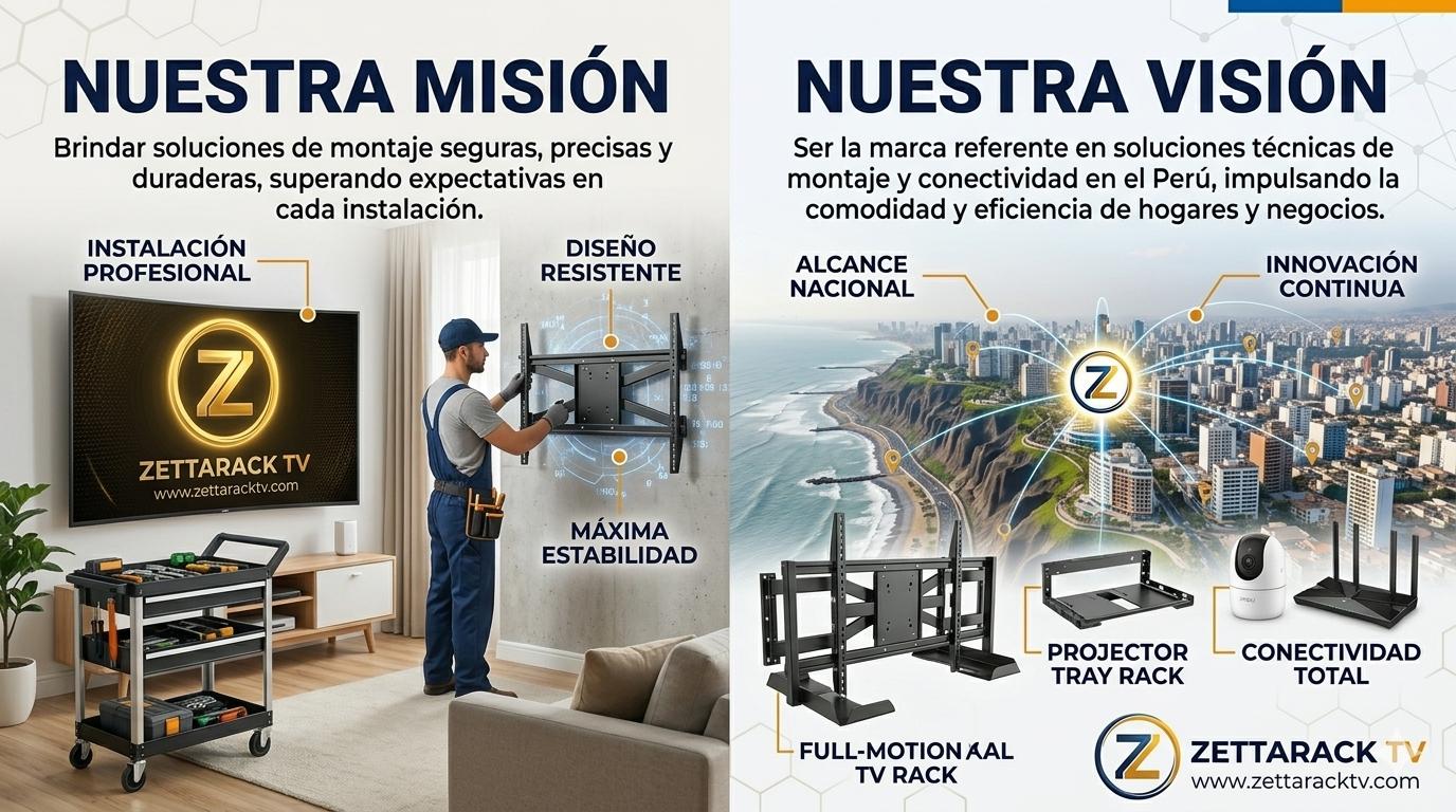 Descubra la misión y visión de ZettaRack TV en Perú: líderes en fotorrealistas de soportes de TV de alta resistencia, instalación profesional y conectividad integral para hogares y negocios. (160 caracteres)