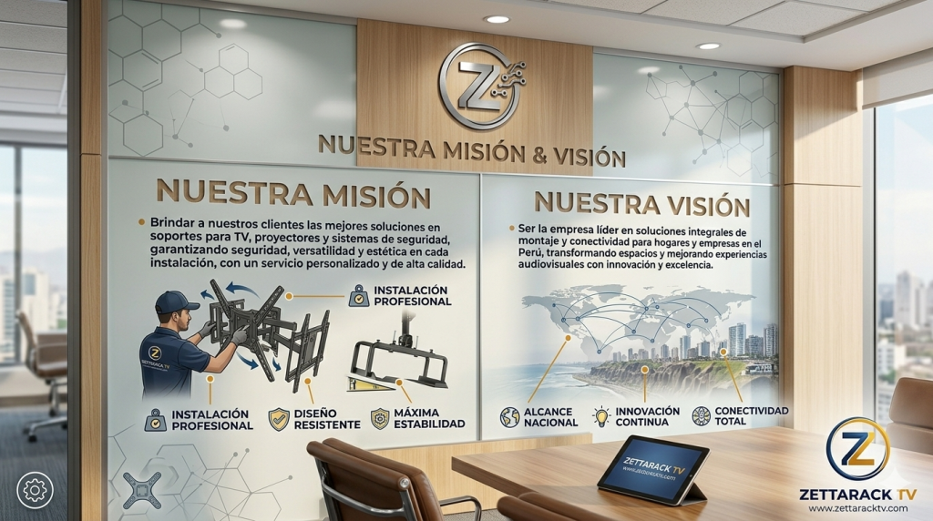 Infografía fotorrealista de ZettaRackTV en una oficina moderna de Lima, mostrando la misión de brindar soluciones seguras en soportes de TV y la visión de ser líderes en conectividad integral en Perú, con detalles de racks articulados, instalación profesional y equipos TP-Link.