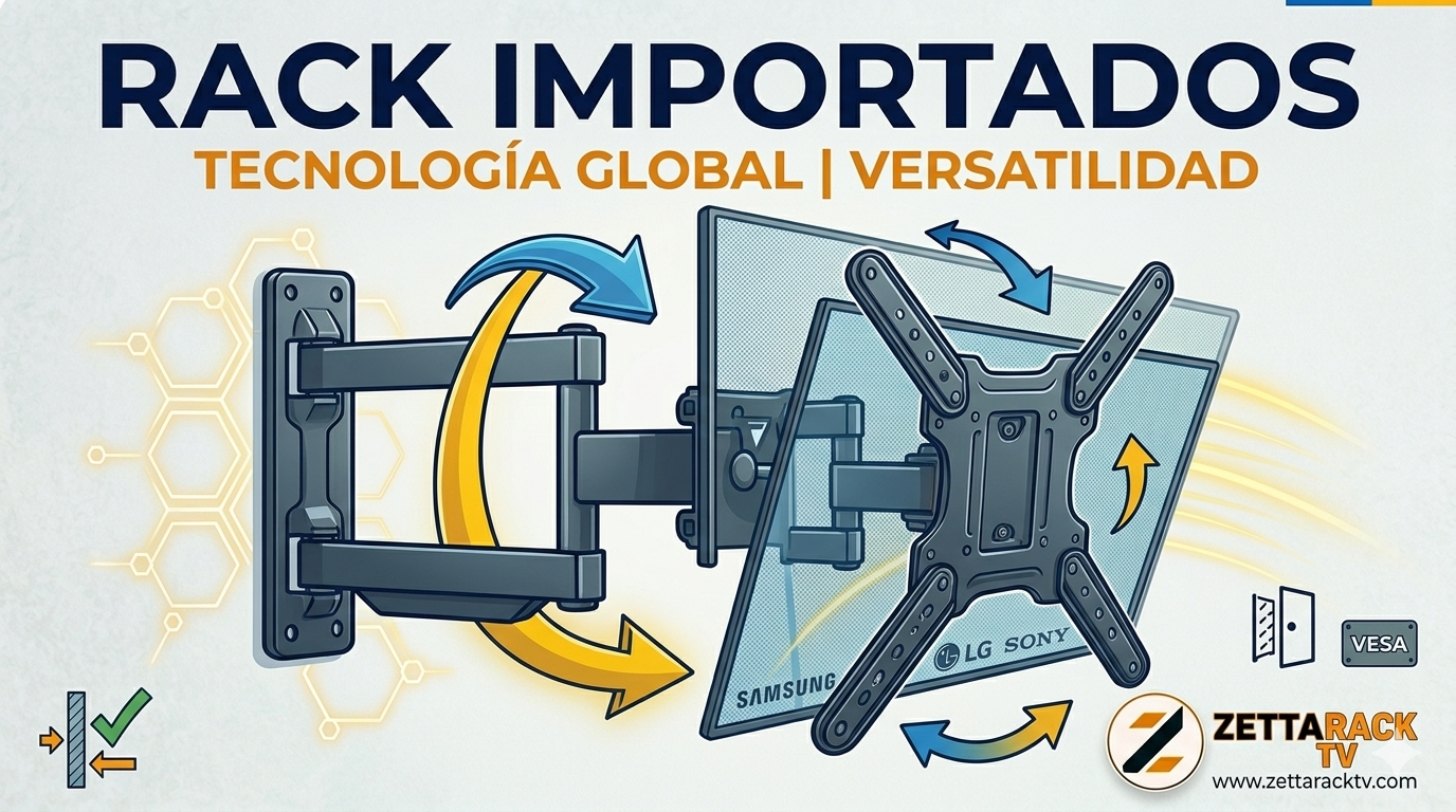 Ilustración detallada en estilo vector art de un rack importado full-motion de alta gama con un televisor de 85 pulgadas montado, flechas de movimiento dinámico e iconos técnicos de 'TECNOLOGÍA GLOBAL | VERSATILIDAD' de ZettaRackTV, con logos de compatibilidad VESA y Samsung y LG.