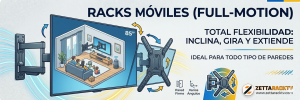 Categoría de Racks Móviles Full-Motion de ZettaRackTV, mostrando un soporte articulado de metal conarrows de movimiento y una familia disfrutando de un televisor montado, con texto 'TOTAL FLEXIBILIDAD'.