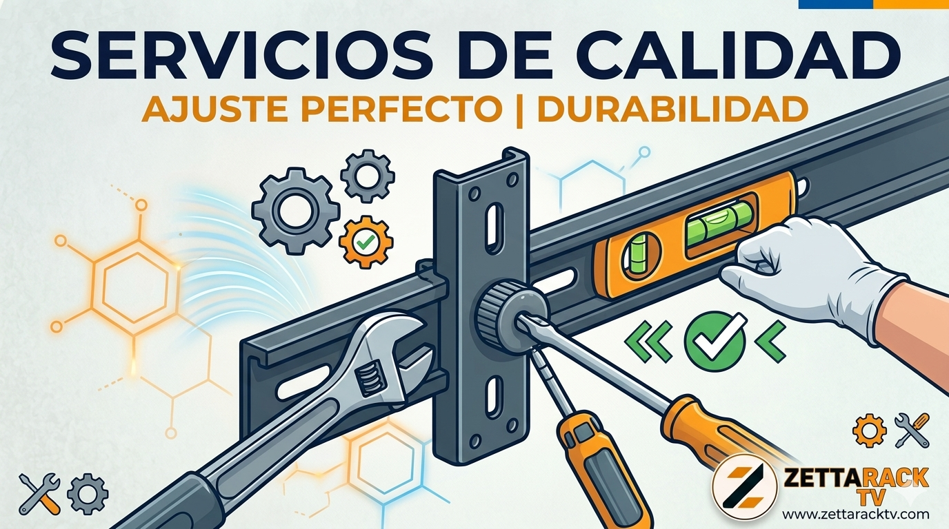 Ilustración macro de un técnico con guantes ajustando un tornillo hexagonal en un rack de alta resistencia con una llave dinamométrica y un nivel de burbuja de ZettaRackTV, con iconos técnicos y texto 'AJUSTE PERFECTO | DURABILIDAD'